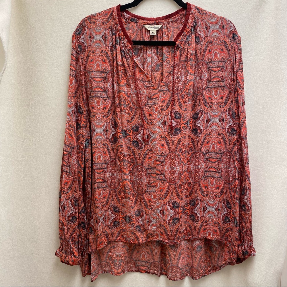 Lucky Brand Paisley Tasseled Peasant Top Womens XL Red Orange Boho Festival